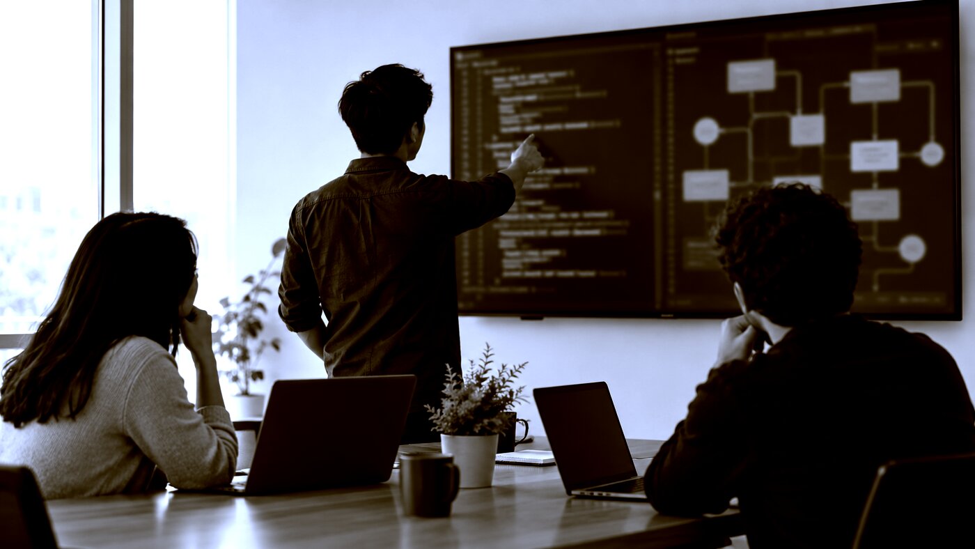 A small team of engineers discussing code and flow diagrams on a wall screen