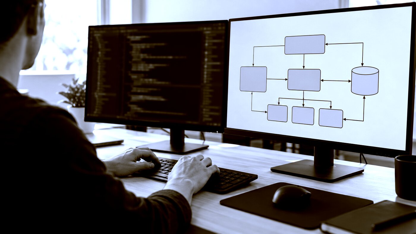 A developer with code on one screen and a system diagram on the other