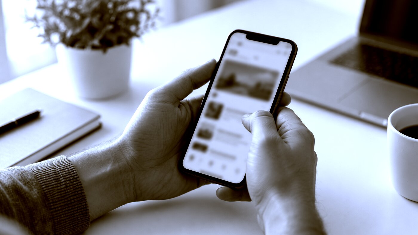 Hands holding a smartphone with an app on the screen