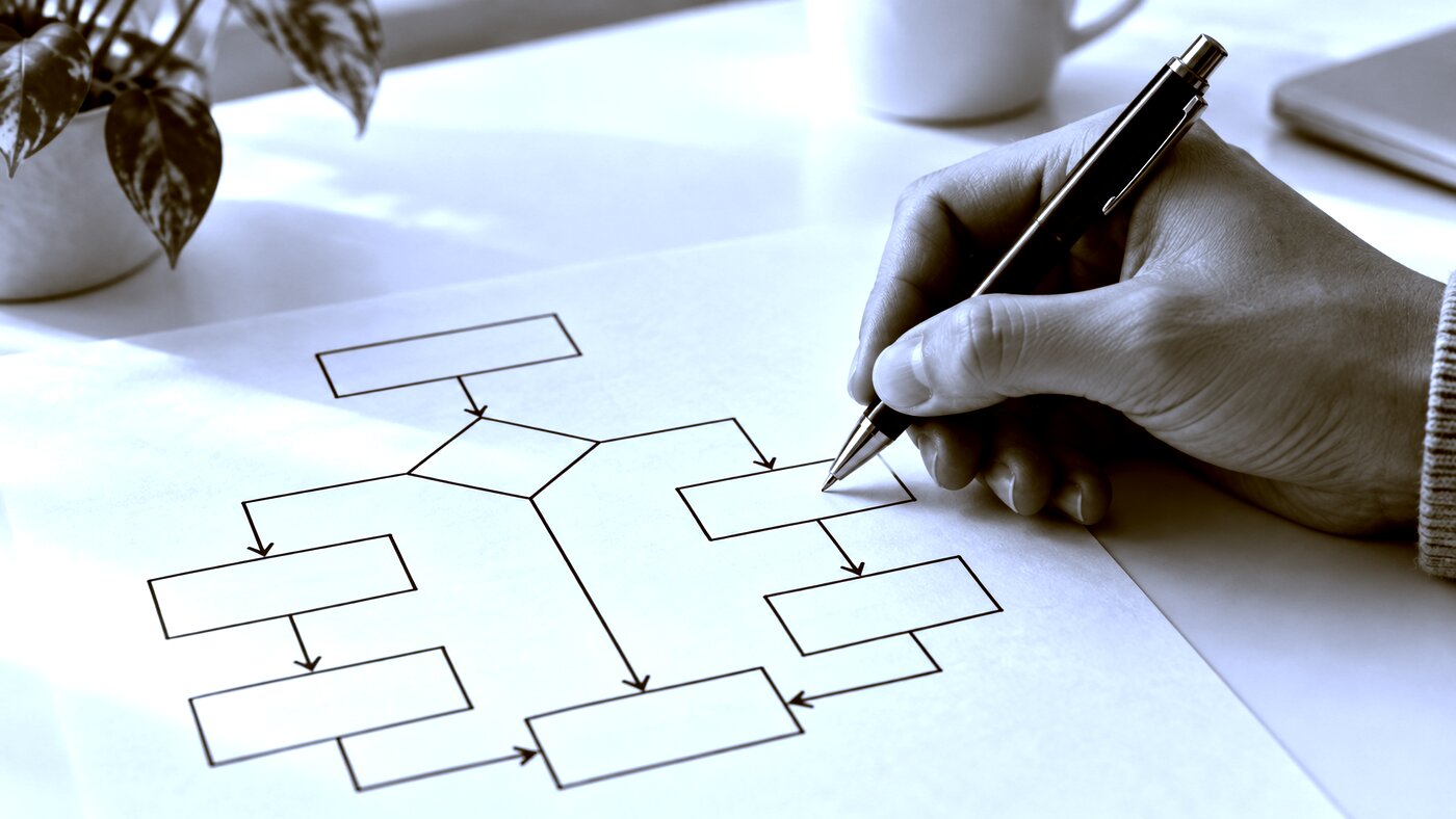 A hand drawing a flow diagram on paper