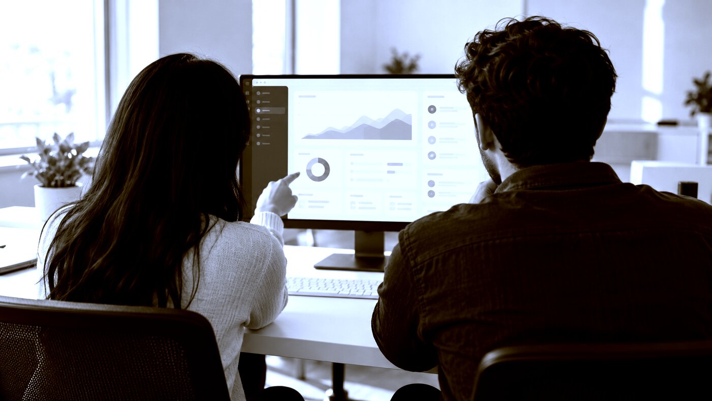 Two engineers reviewing a web application on a large monitor