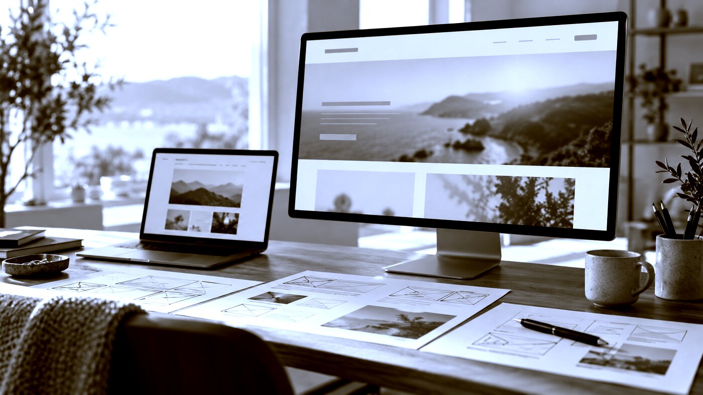 A designer's desk with a website layout on the monitor and page sketches beside it